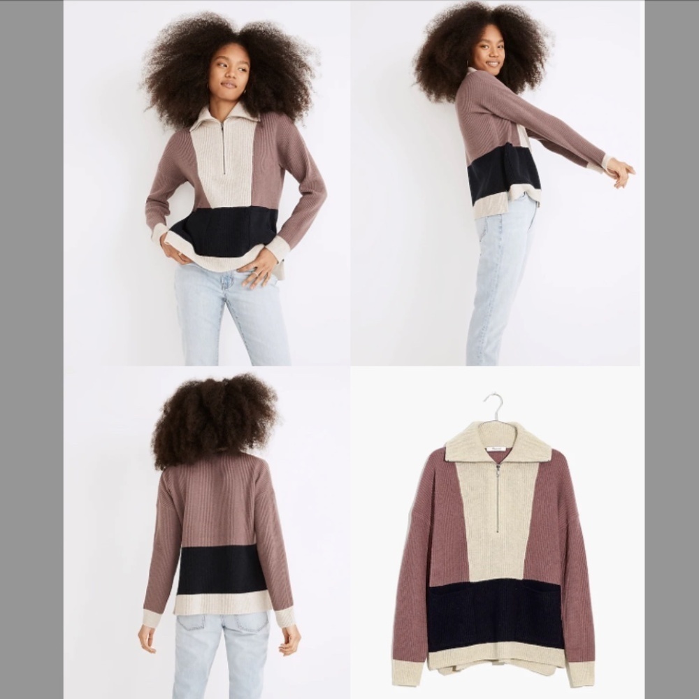 Madewell Glenbrook Half-Zip Pullover Sweater in Colorblock Heather Fog XXS